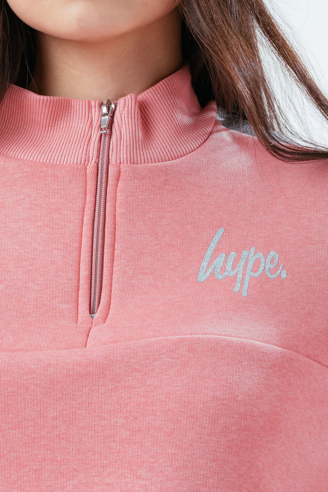 HYPE GIRLS PINK GLITTER PANEL QUARTER ZIP UP CREW NECK