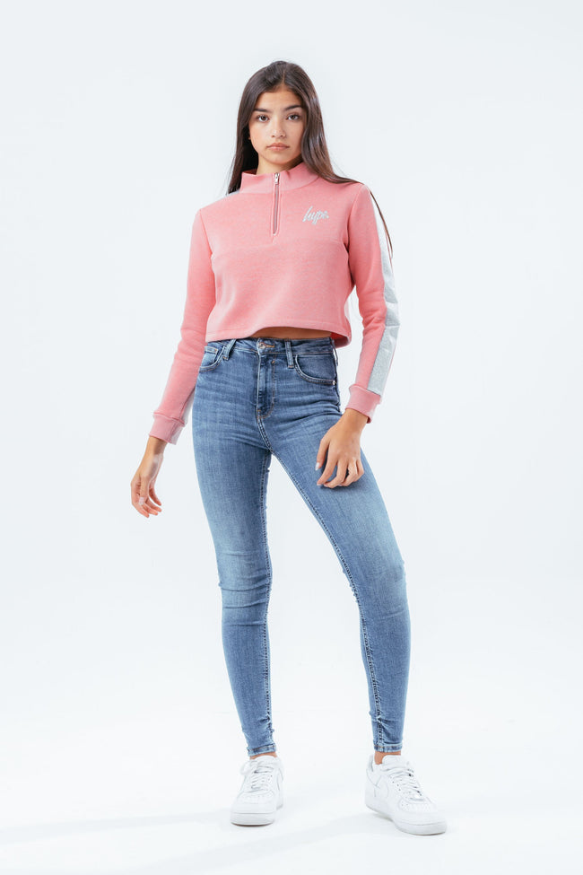 HYPE GIRLS PINK GLITTER PANEL QUARTER ZIP UP CREW NECK