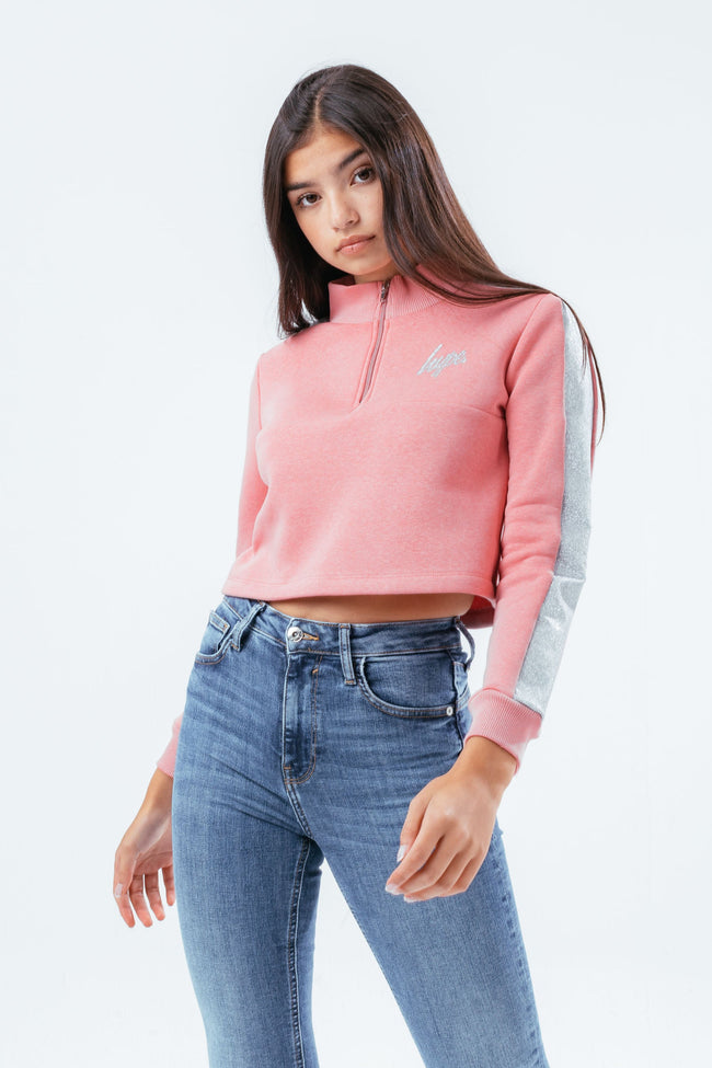 HYPE GIRLS PINK GLITTER PANEL QUARTER ZIP UP CREW NECK