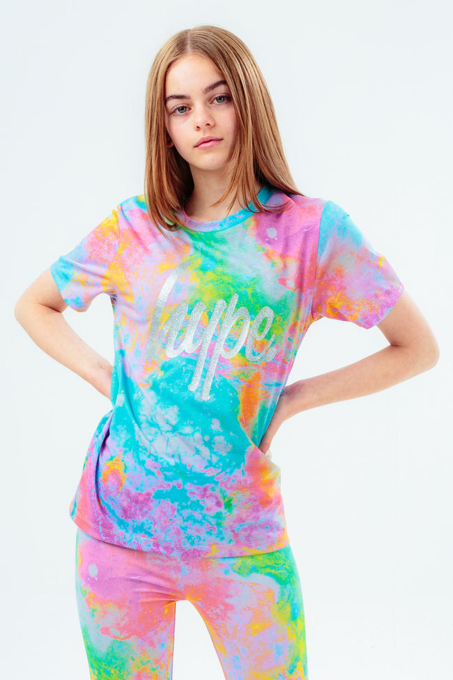 HYPE GIRLS MULTI TIE DYE GLITTER SCRIPT T-SHIRT