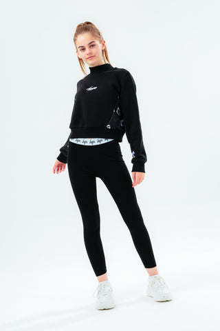 HYPE GIRLS BLACK LEOPARD PANEL SCRIBBLE CROPPED HIGH NECK CREW NECK