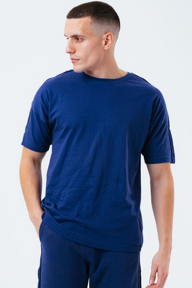 HYPE NAVY TONAL TAPE SCRIBBLE LOGO MEN'S OVERSIZED T-SHIRT