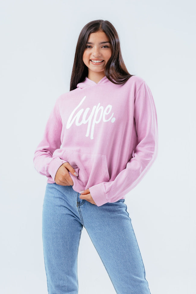 HYPE WASHED LILAC SCRIPT LOGO GIRLS PULLOVER HOODIE