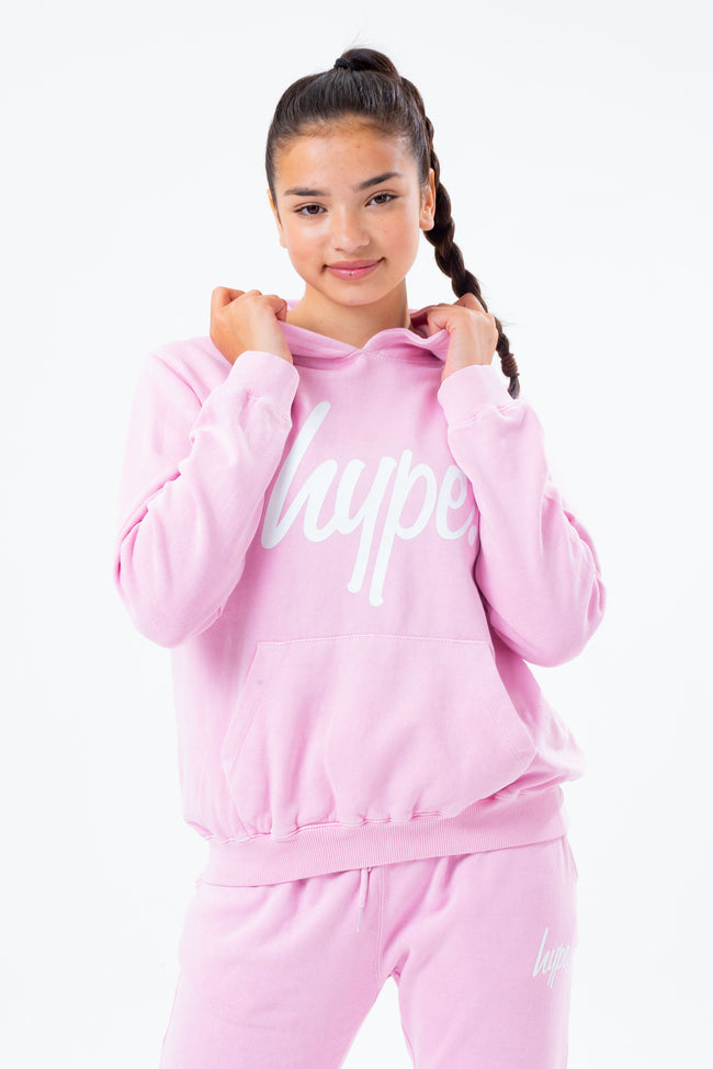 HYPE WASHED BABY PINK SCRIBBLE LOGO GIRLS PULLOVER HOODIE