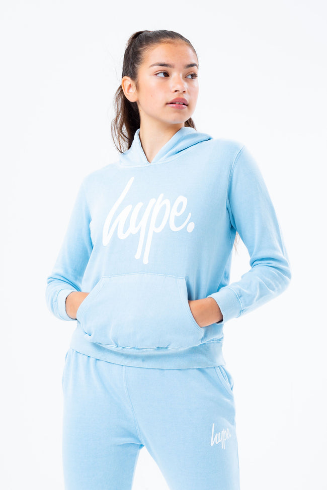 HYPE WASHED BABY BLUE SCRIPT LOGO KIDS PULLOVER HOODIE