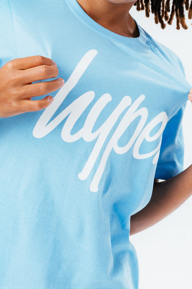 HYPE WASHED BABY BLUE SCRIPT LOGO KIDS  T-SHIRT