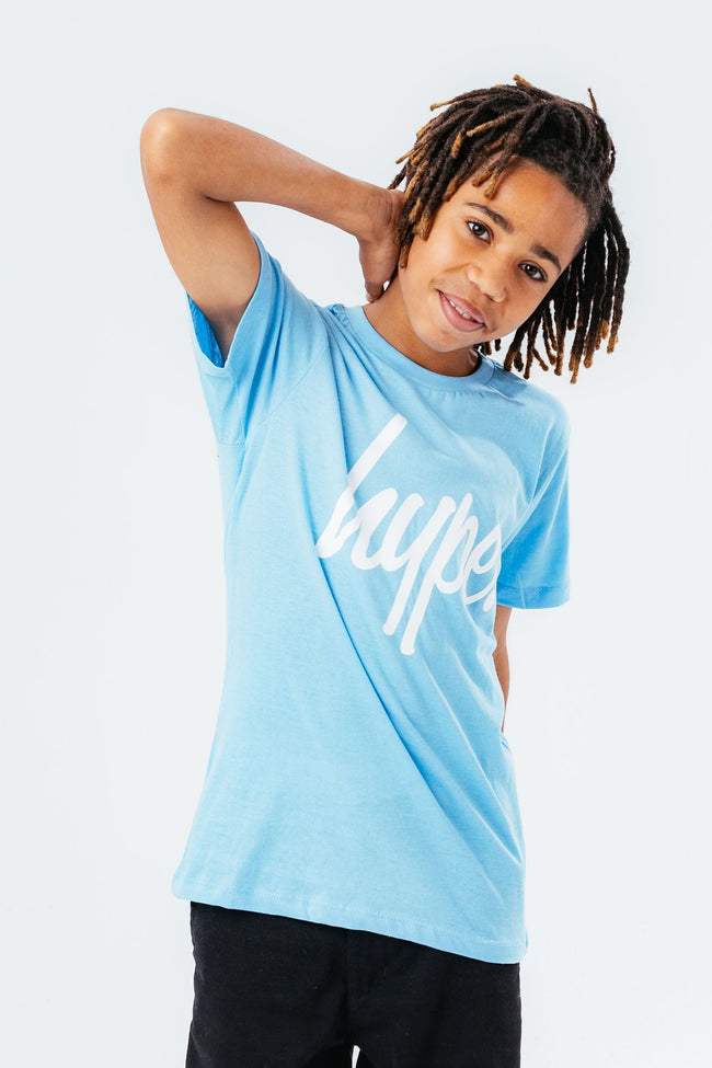 HYPE WASHED BABY BLUE SCRIPT LOGO KIDS  T-SHIRT