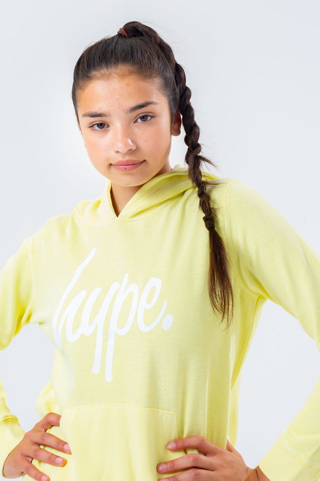 HYPE WASHED YELLOW SCRIPT LOGO GIRLS PULLOVER HOODIE