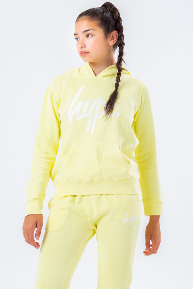 HYPE WASHED YELLOW SCRIPT LOGO GIRLS PULLOVER HOODIE