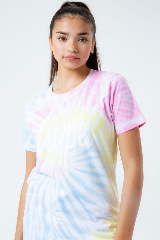 HYPE RAINBOW PASTEL TIE DYE SCRIPT LOGO GIRLS T-SHIRT