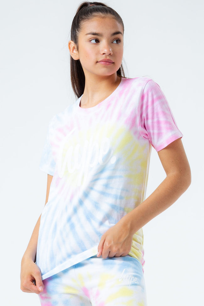 HYPE RAINBOW PASTEL TIE DYE SCRIPT LOGO GIRLS T-SHIRT