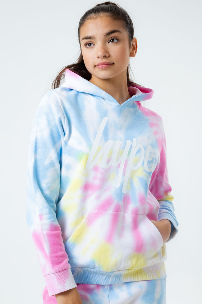 HYPE RAINBOW PASTEL TIE DYE SCRIPT LOGO GIRLS PULLOVER HOODIE