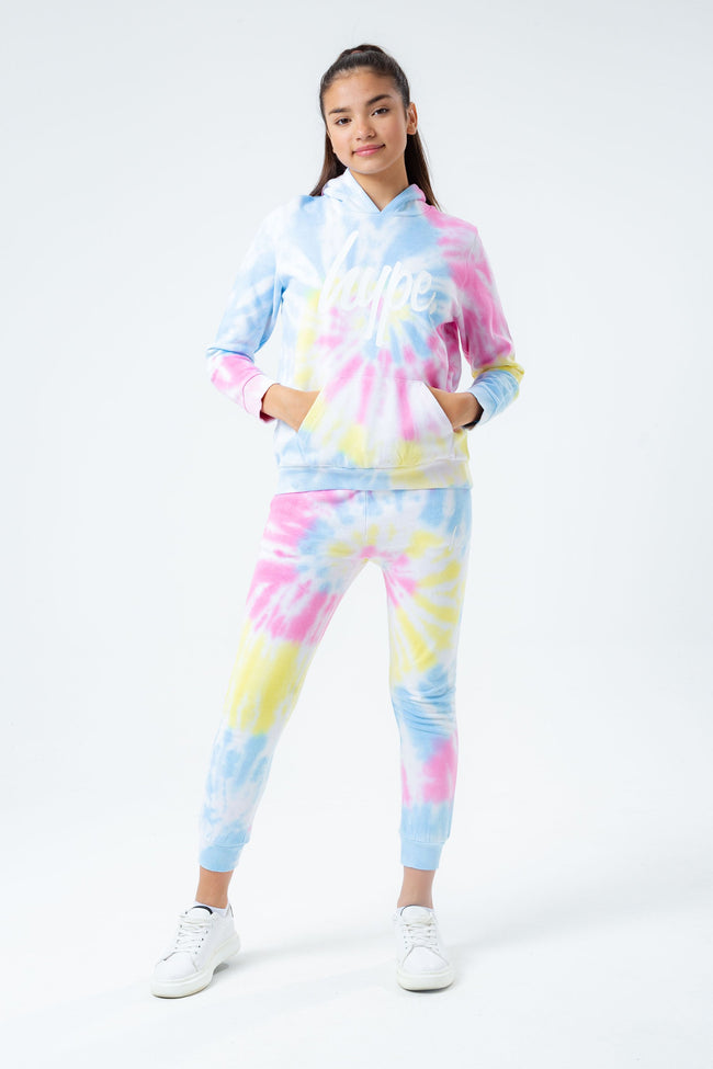 HYPE RAINBOW PASTEL TIE DYE SCRIPT LOGO GIRLS PULLOVER HOODIE