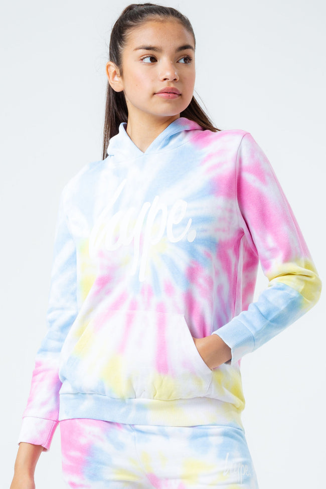 HYPE RAINBOW PASTEL TIE DYE SCRIPT LOGO GIRLS PULLOVER HOODIE