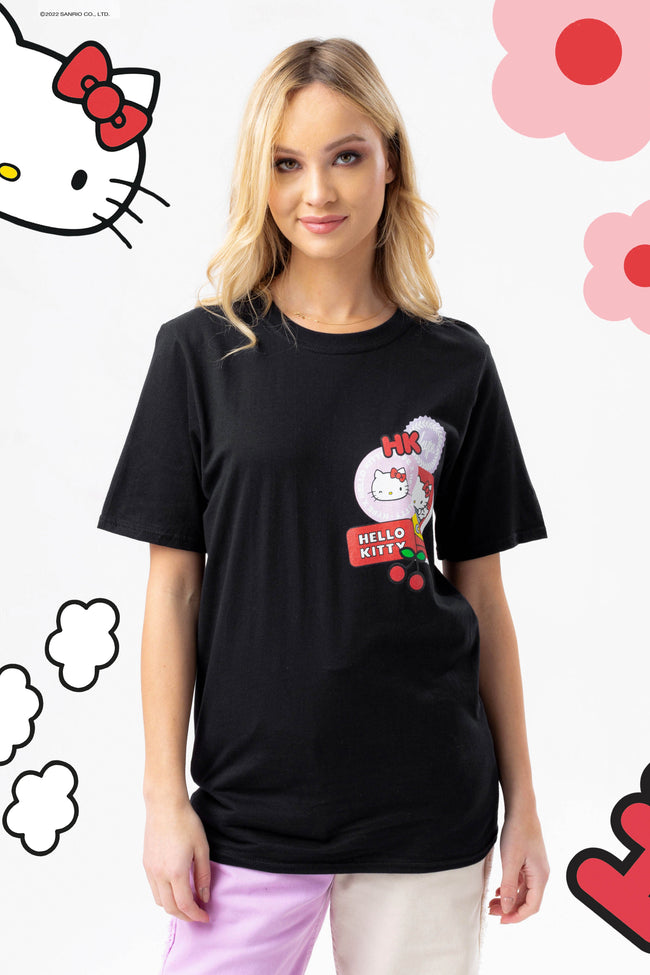 HYPE X HELLO KITTY BLACK BADGE LOGO BRANDED T-SHIRT