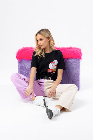 HYPE X HELLO KITTY BLACK BADGE LOGO BRANDED T-SHIRT