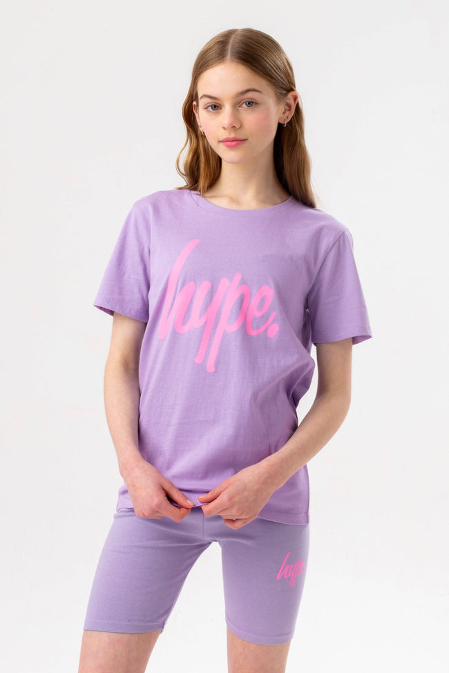 HYPE GIRLS LILAC SCRIPT T-SHIRT AND CYCLING SHORT SET