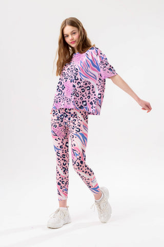 HYPE GIRLS PINK ABSTRACT LEOPARD DROP SHOULDER BOXY T-SHIRT