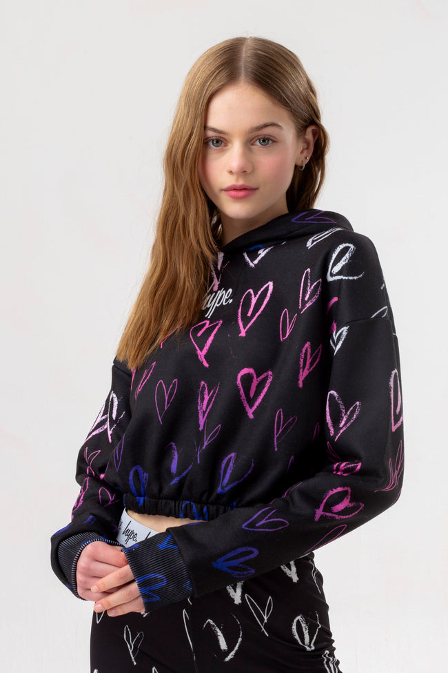 HYPE GIRLS BLACK HEART FADE SCRIPT ELASTICATED WAIST DROP SHOULDER HOODIE