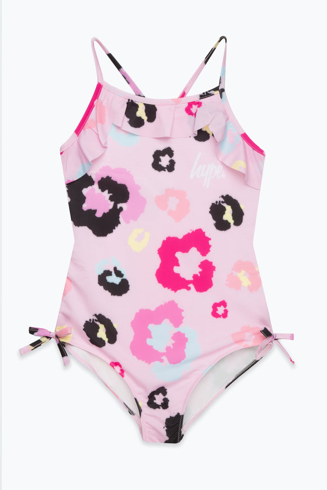 HYPE GIRLS MULTI LEOPARD PINK FRILLY SCRIPT SWIMSUIT