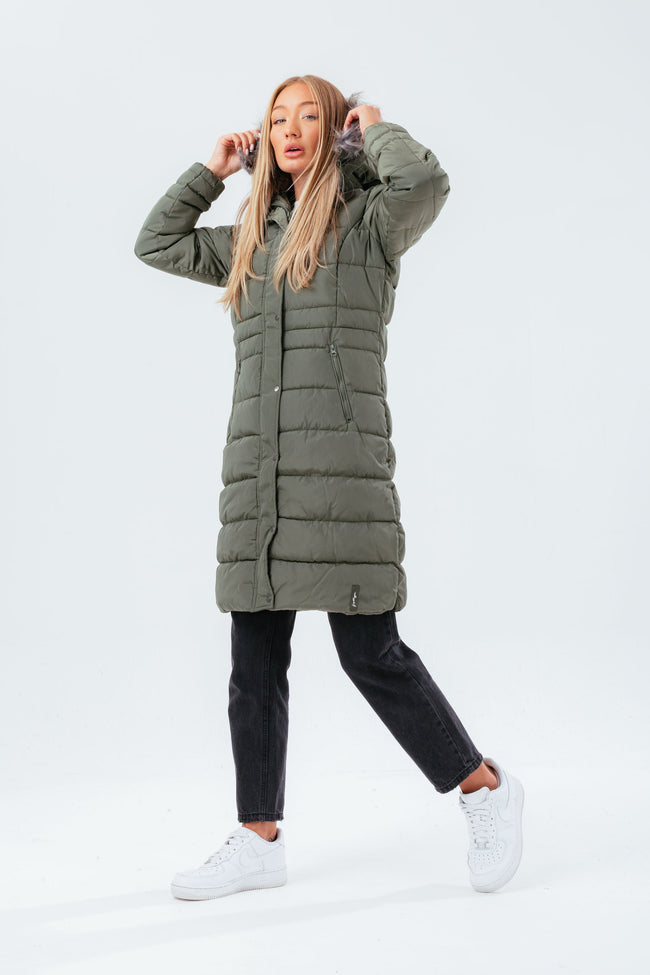 HYPE KHAKI LONGLINE WOMEN'S PADDED COAT WITH FUR