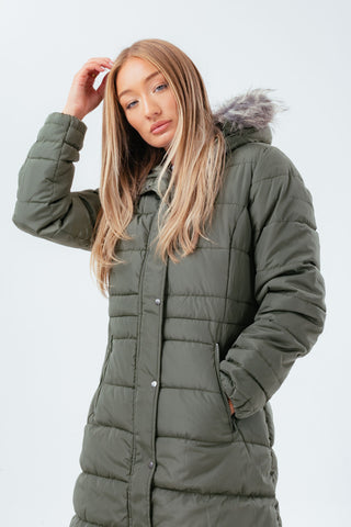 HYPE KHAKI LONGLINE WOMEN'S PADDED COAT WITH FUR