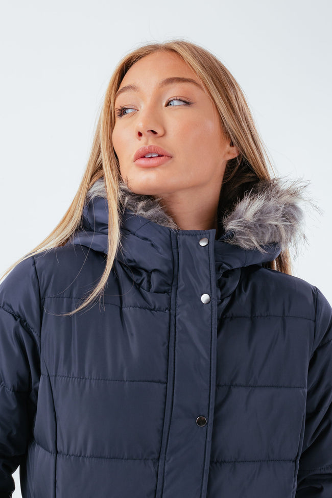 HYPE NAVY LONGLINE WOMEN'S PADDED COAT WITH FUR