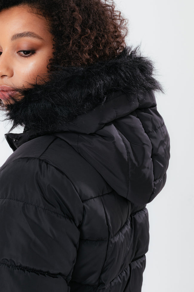 HYPE BLACK MID LENGTH WOMEN'S PADDED COAT WITH FUR