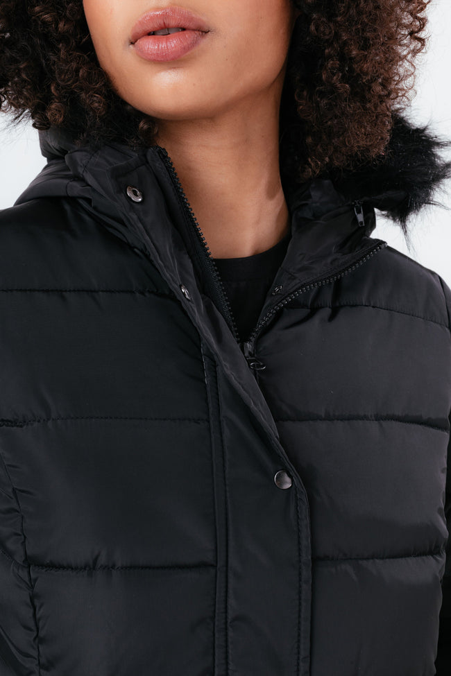 HYPE BLACK MID LENGTH WOMEN'S PADDED COAT WITH FUR