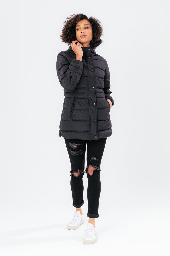 HYPE BLACK MID LENGTH WOMEN'S PADDED COAT WITH FUR