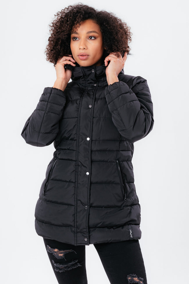 HYPE BLACK MID LENGTH WOMEN'S PADDED COAT WITH FUR