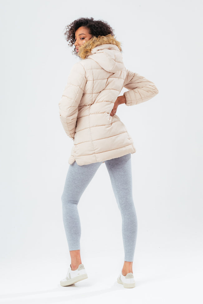 HYPE BEIGE MID LENGTH WOMEN'S PADDED COAT WITH FUR