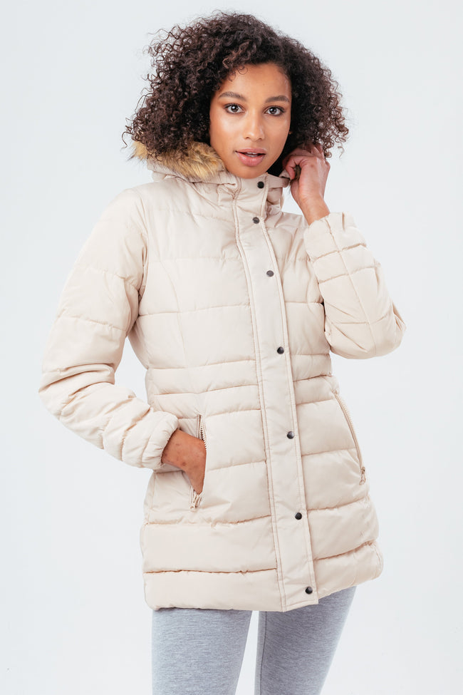 HYPE BEIGE MID LENGTH WOMEN'S PADDED COAT WITH FUR