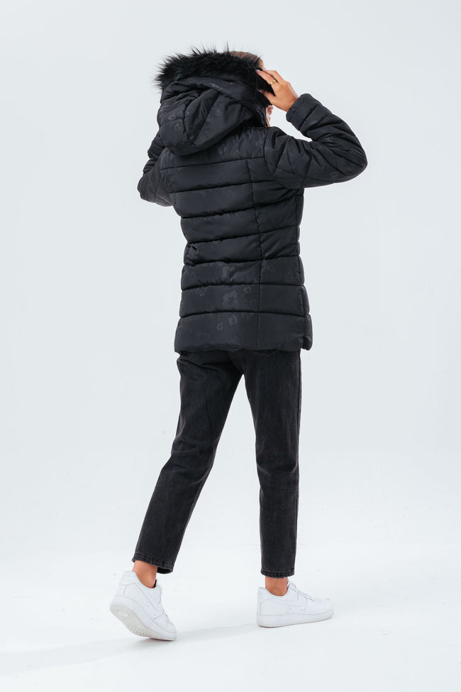 HYPE BLACK LEOPARD MID LENGTH WOMEN'S PADDED COAT WITH FUR