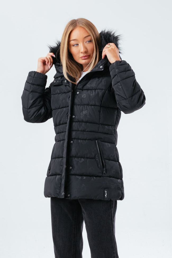 HYPE BLACK LEOPARD MID LENGTH WOMEN'S PADDED COAT WITH FUR