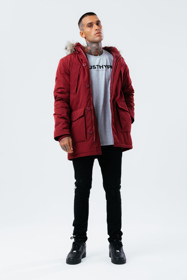 HYPE BURGUNDY LUXE LONGLINE MEN'S PARKA JACKET