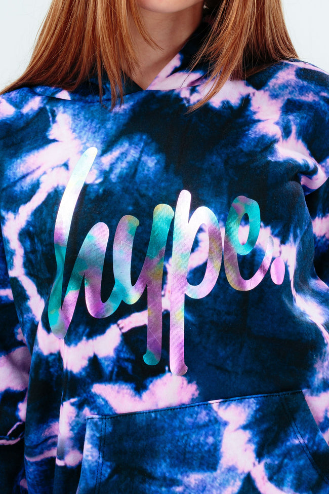 HYPE BLACK PINK TIE DYE DROP SHOULDER GIRLS HOODIE