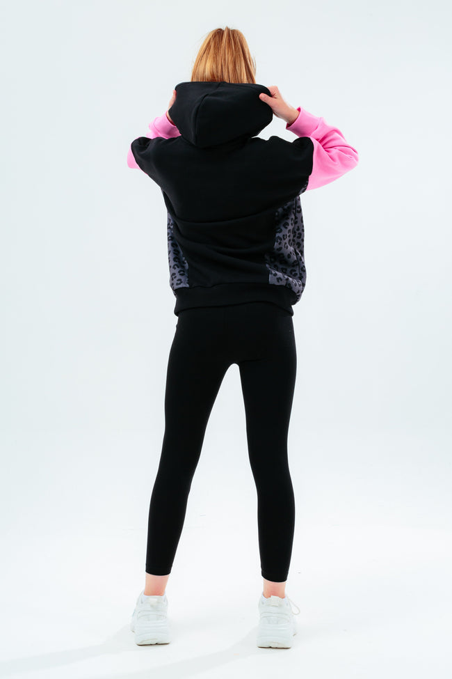 HYPE GIRLS BLACK LEOPARD PANEL SCRIBBLE HOODIE