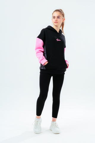 HYPE GIRLS BLACK LEOPARD PANEL SCRIBBLE HOODIE