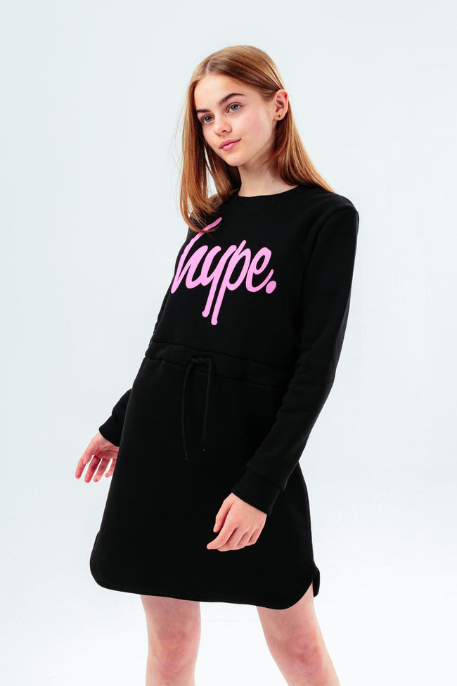 HYPE BLACK PINK SCRIPT DRAWSTRING GIRLS DRESS