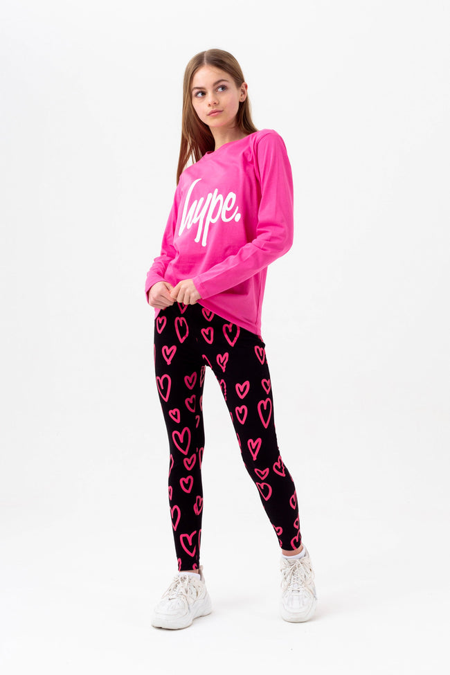 HYPE GIRLS FUCHSIA HEARTS SCRIPT CREW NECK & LEGGINGS