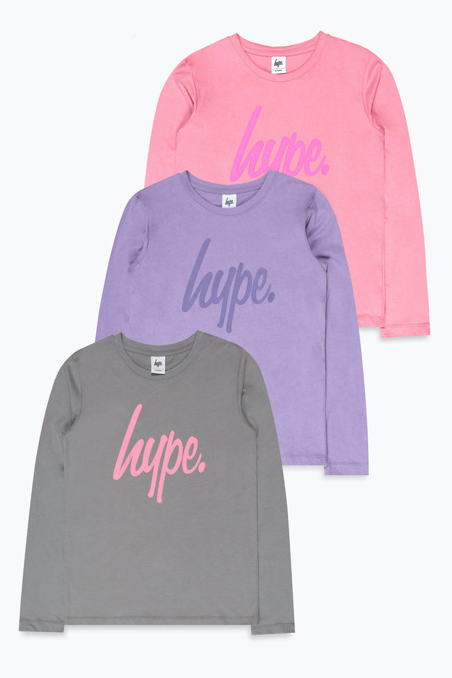 HYPE GIRLS PINK LILAC & BLACK SCRIPT 3 PACK CREW NECKS