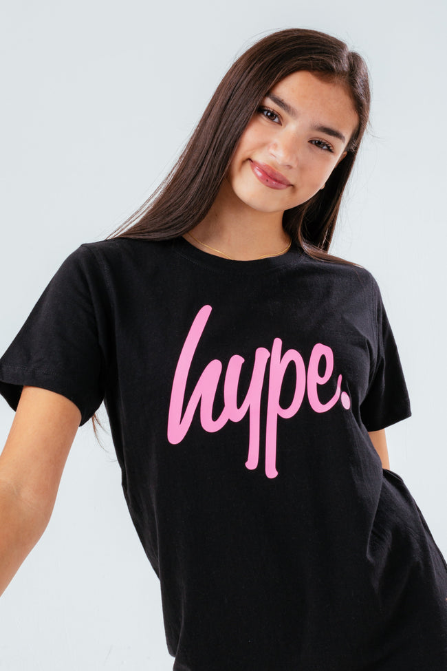 HYPE BLACK WITH PINK SCRIPT T-SHIRT AND CYCLE SHORTS KIDS SET