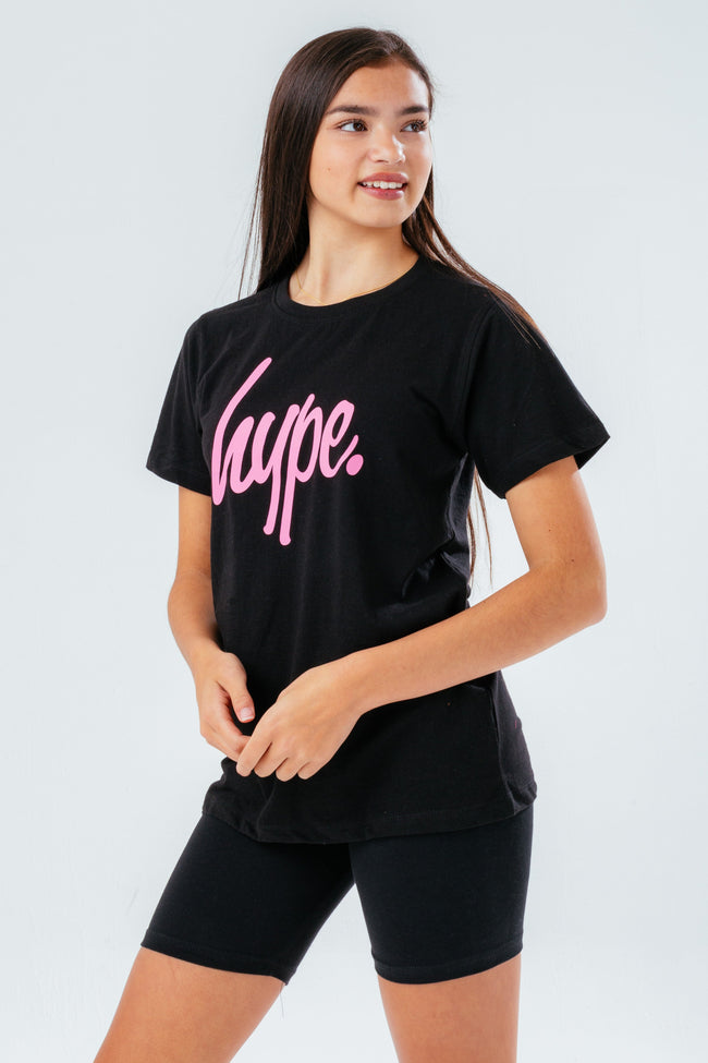 HYPE BLACK WITH PINK SCRIPT T-SHIRT AND CYCLE SHORTS KIDS SET