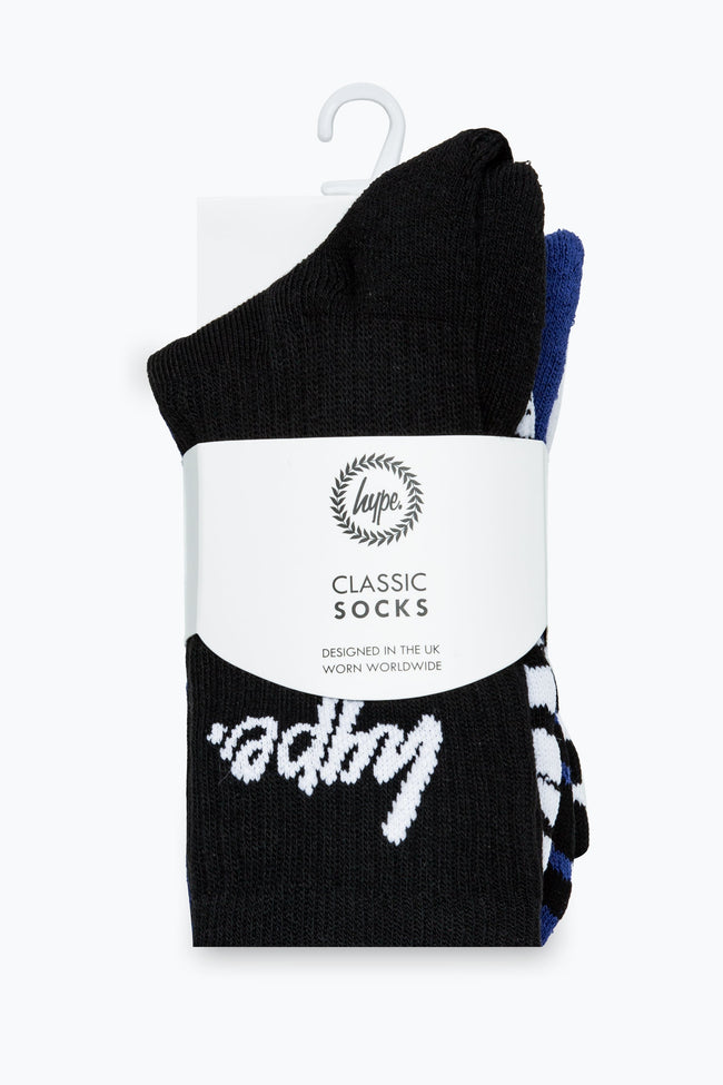 HYPE KIDS BLACK BLUE WHITE SCRIPT 3 PACK CREW SOCKS