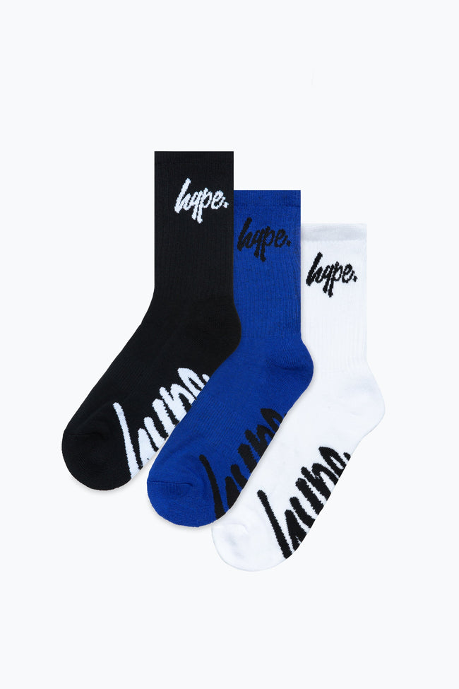 HYPE KIDS BLACK BLUE WHITE SCRIPT 3 PACK CREW SOCKS