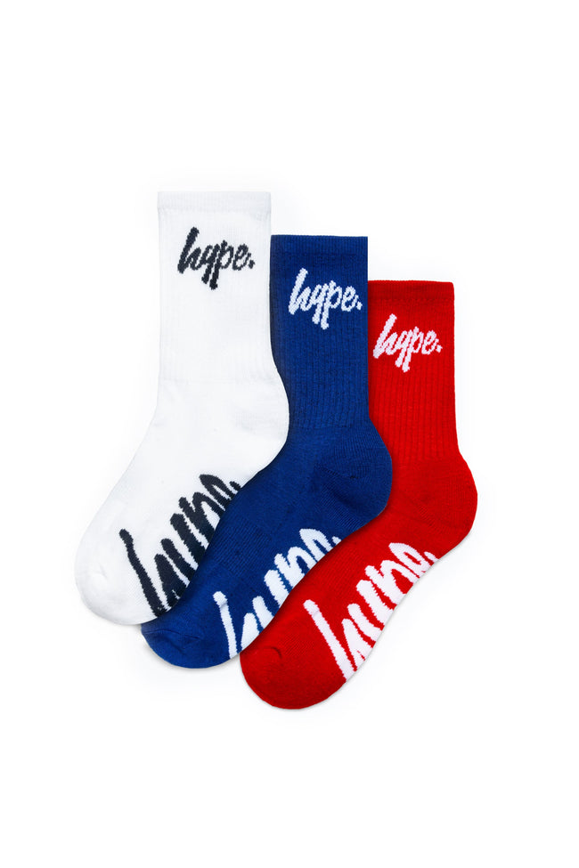 HYPE KIDS RED BLUE WHITE SCRIPT 3 PACK CREW SOCKS