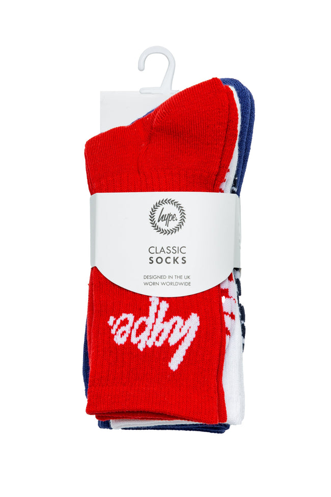 HYPE KIDS RED BLUE WHITE SCRIPT 3 PACK CREW SOCKS