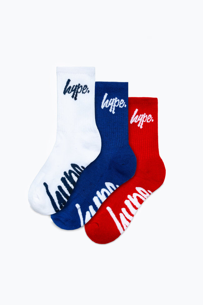 HYPE KIDS RED BLUE WHITE SCRIPT 3 PACK CREW SOCKS