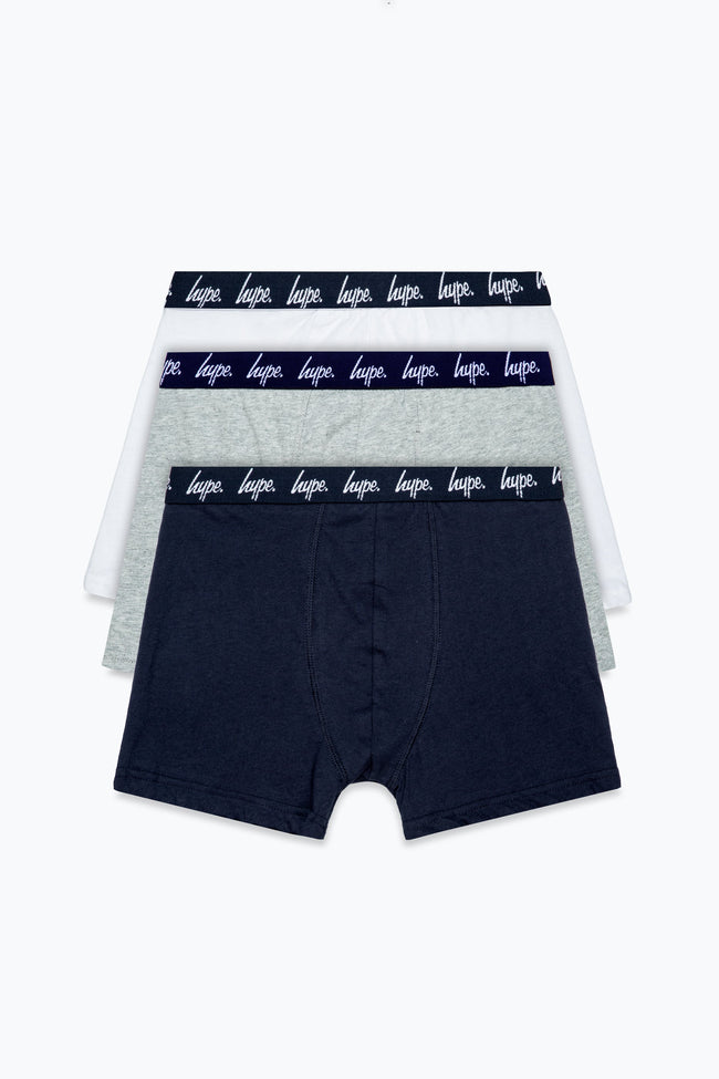 HYPE BOYS WHITE GREY NAVY 3 PACK BOXERS